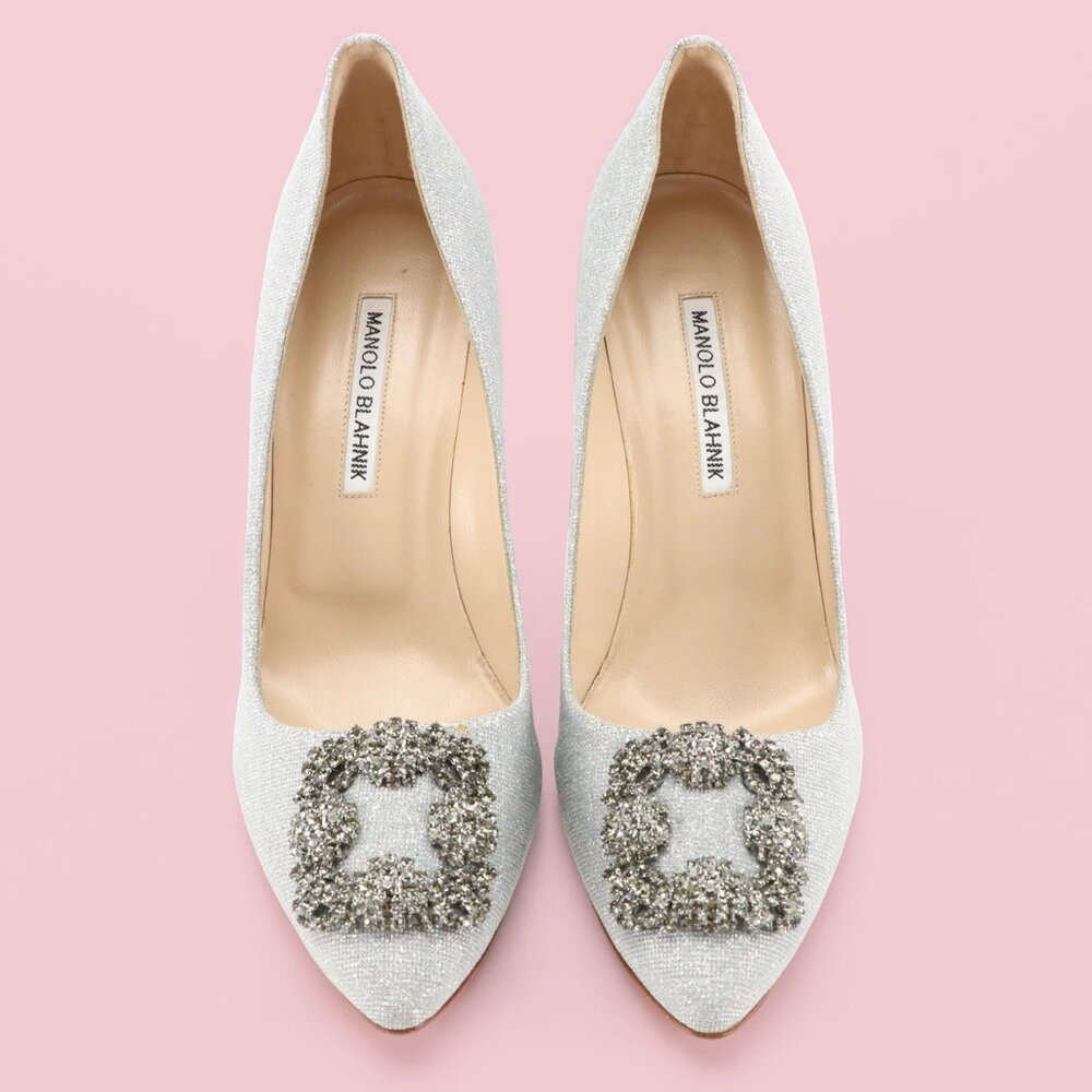 Manolo Blahnik Hangisi Silver Shimmery Embellished Pumps - Picture 2 of 8